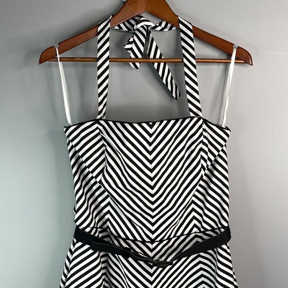 White House Black Market Strapless Halter Dress Black White Stripe Midi Size 10 - Picture 2 of 10